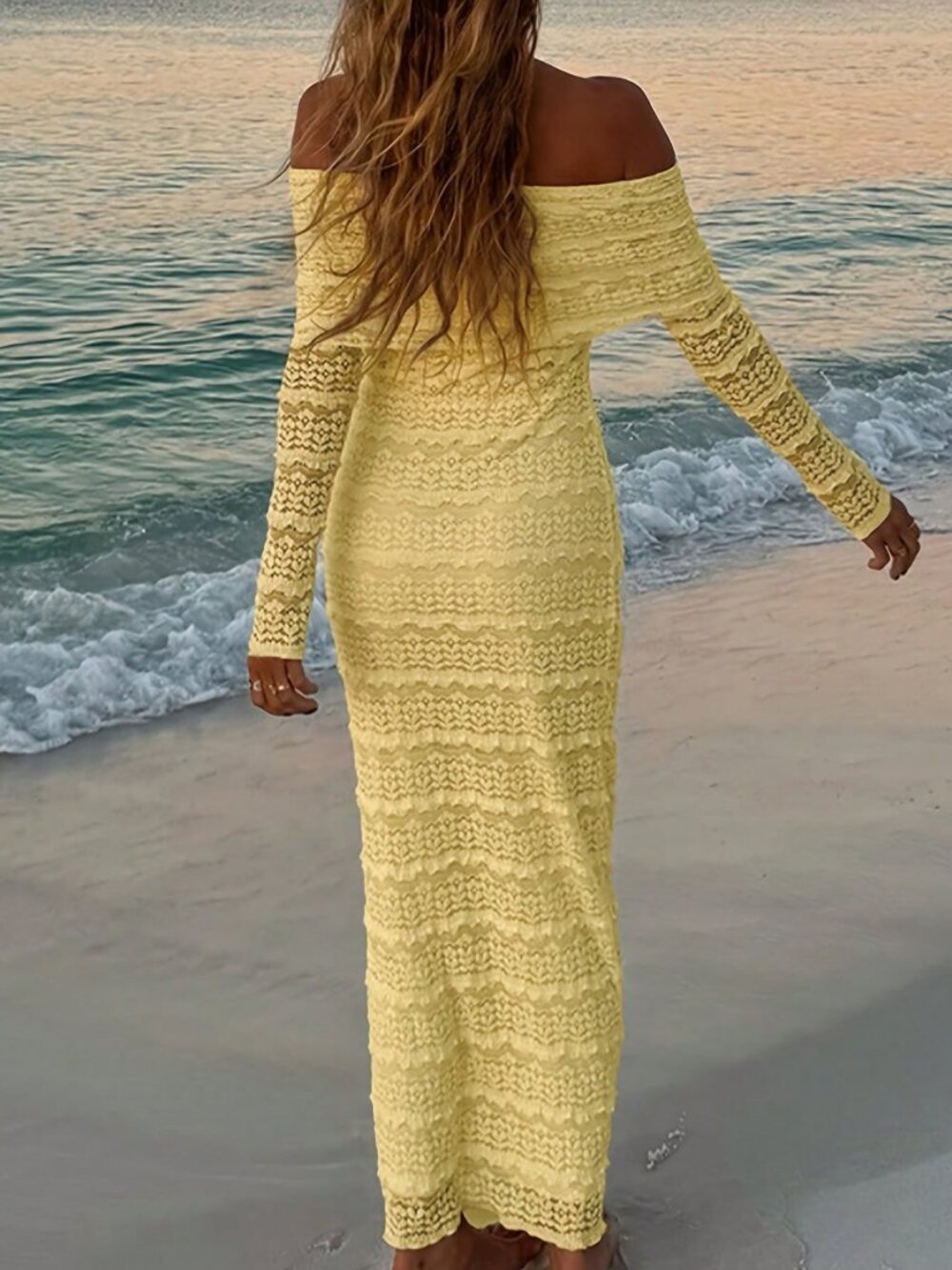 Yellow Elegant Women's Off Shoulder Long Sleeve Bodycon Sexy Minimalist Dress - Picture 5 of 6